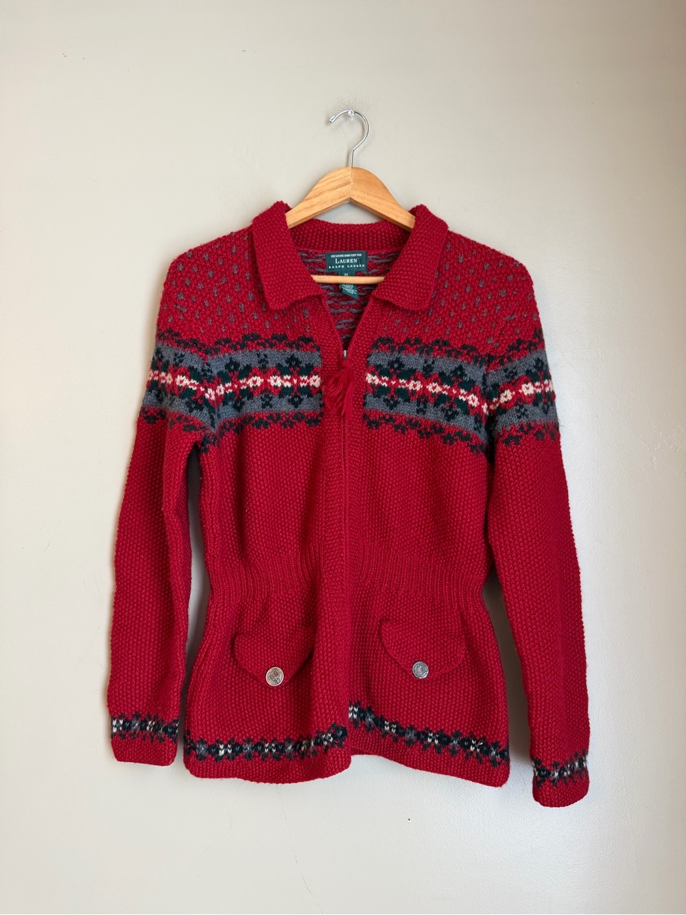 LRL Ralph Lauren Red EXCLUSIVE HAND KNIT Fair Isle 100% Wool Cardigan Sweater M